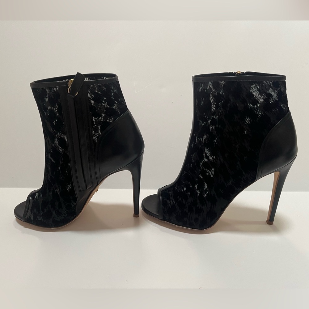 Jerome C Rousseau Black Leopard Print Leather/Suede Peep Toe Booties Size 38.5
